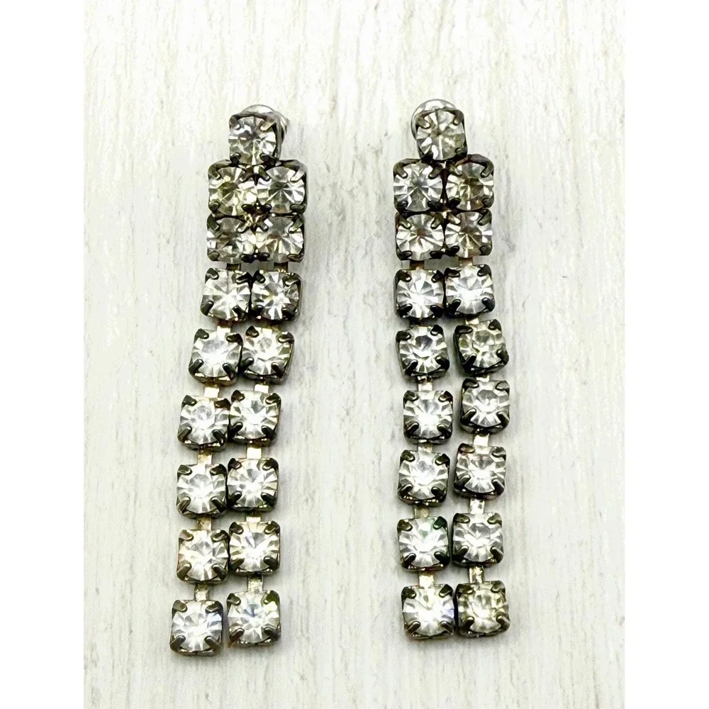 Vintage 1960s Rhinestone Dangle Earrings Double Strand MCM Glam Drop Earrings